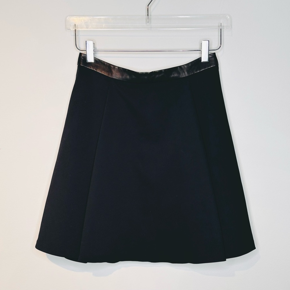 Alice + Olivia Black Knit Leather Trim Pleated A-Line Skater Skirt